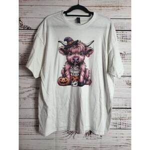 Gilden Heavy Cotton Halloween Cow T Shirt XL Womens Grey Crew Neck Top